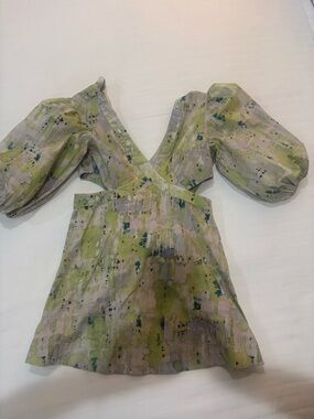 Alexis Green Abstract Print Puff Sleeve Mini Dressing